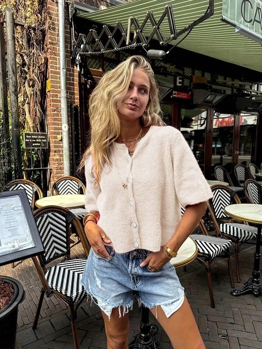 SHEIN BEŻOWY SWETER KRÓTKI RĘKAW S06__S