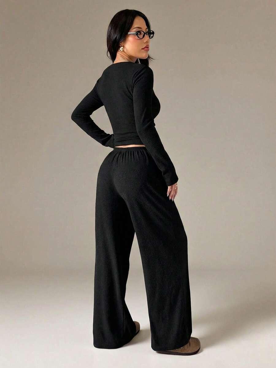 SHEIN CZARNY KOMPLET BLUZKA SPODNIE S06__L