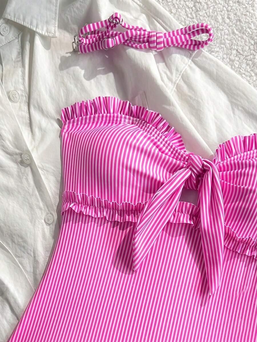 SHEIN JEDNOCZĘŚCIOWY STRÓJ KĄPIELOWY PASKI KONTRAST WIĄZANIE S09__S