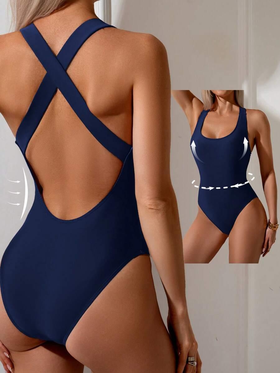 SHEIN GRANATOWY JEDNOCZĘŚCIOWY STRÓJ KĄPIELOWY S09__XL