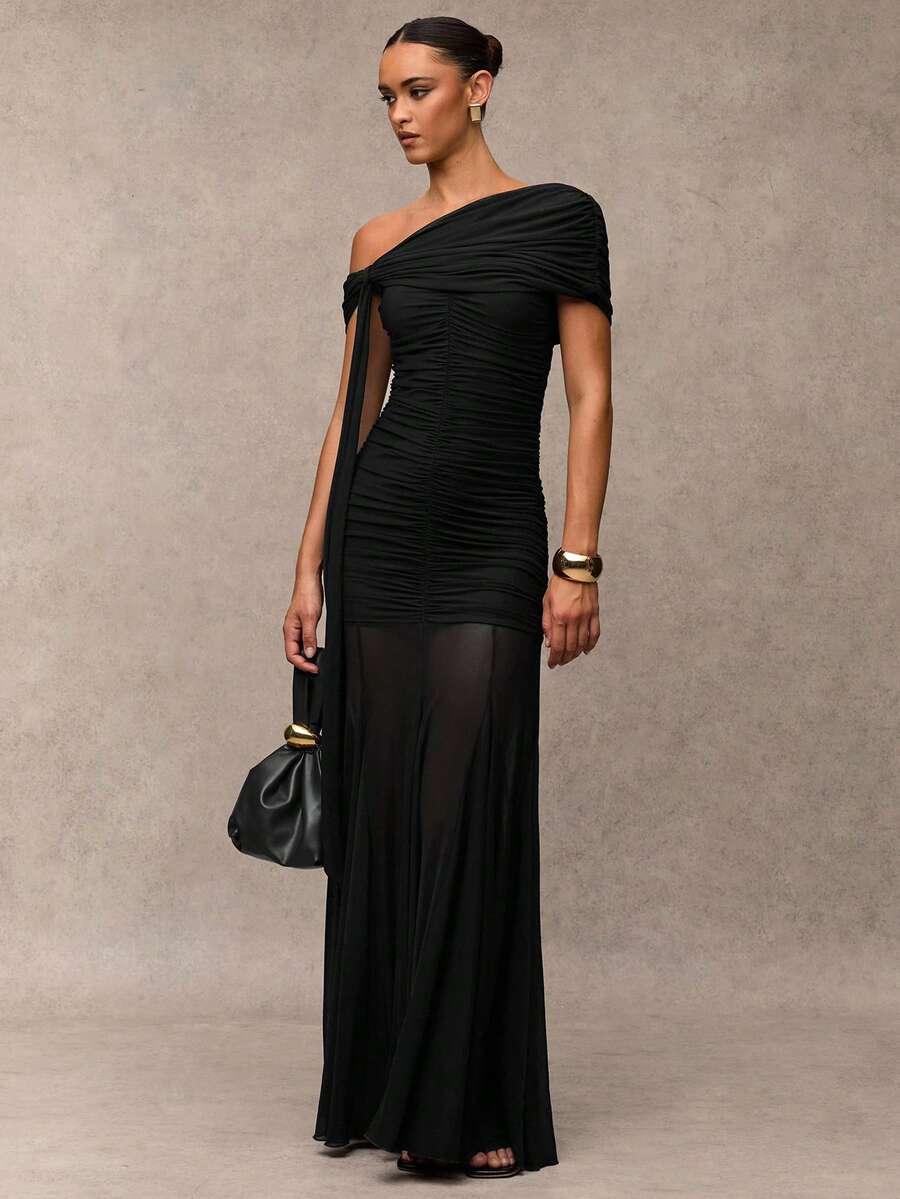 SHEIN CZARNA MAXI SUKIENKA ASYMETRYCZNY DEKOLT S06__M