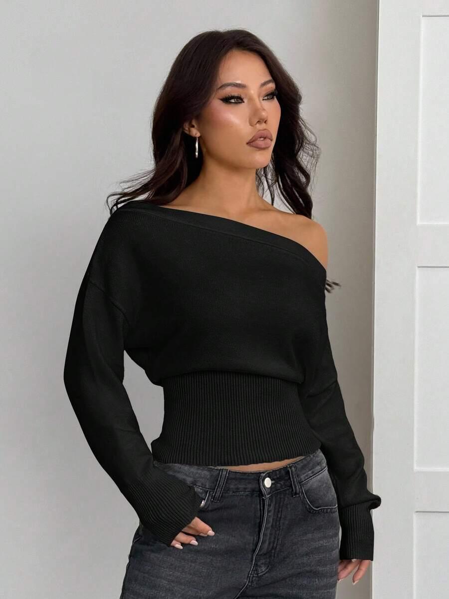 SHEIN CZARNY ASYMETRYCZNY SWETER S06__L