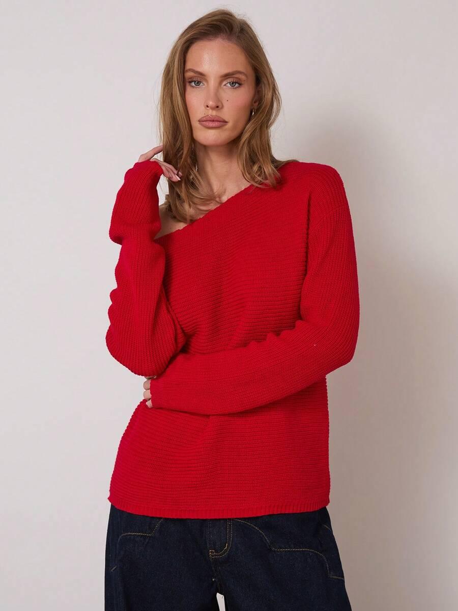 SHEIN CZERWONY SWETER DŁUGI RĘKAW S06__S