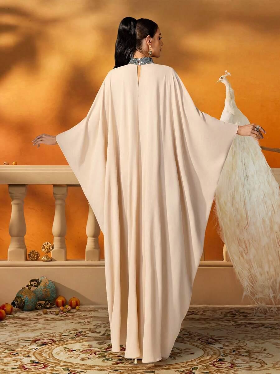SHEIN BEŻOWA SUKIENKA MAXI ZDOBIENIA S06__L