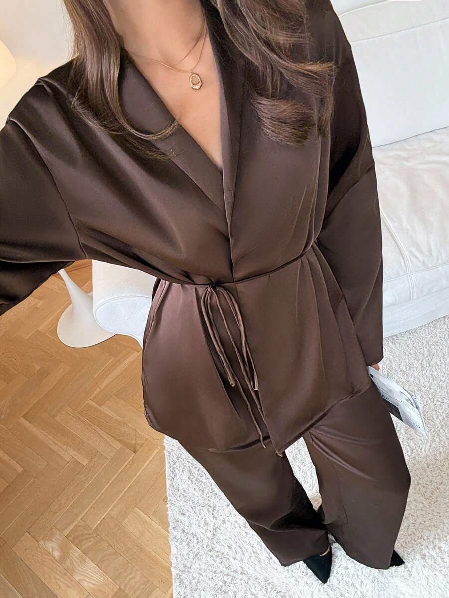 SHEIN BRĄZOWY KOMPLET BLUZKA SPODNIE S06__M
