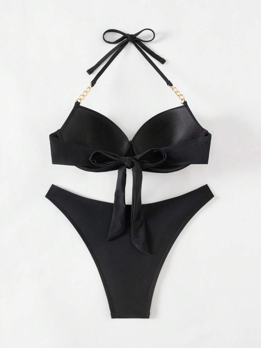 SHEIN CZARNY DWUCZĘŚCIOWY KOSTIUM KĄPIELOWY BIKINI S09__L