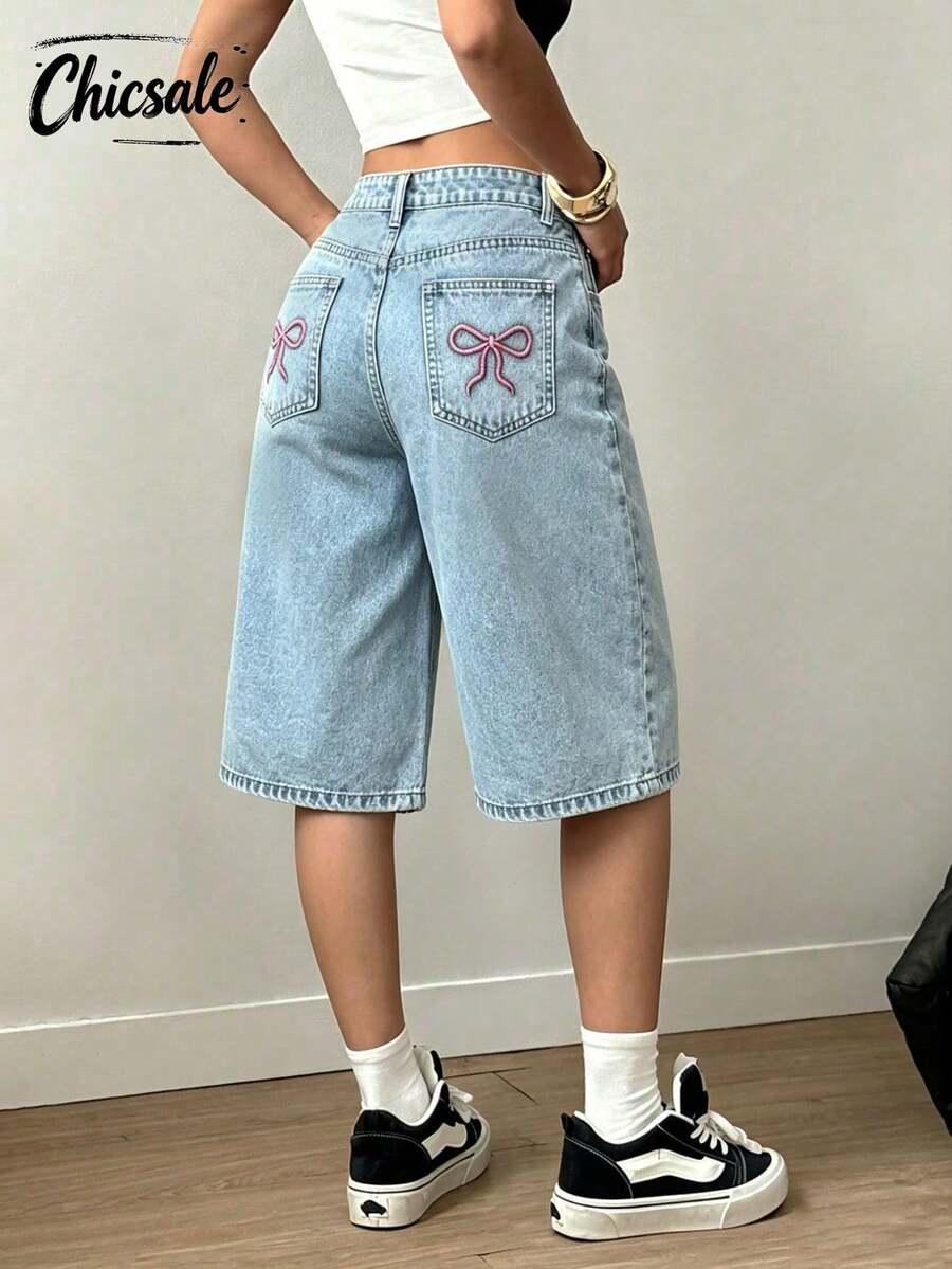 SHEIN LUŹNE SZEROKIE SPODENKI JEANS HAFT S09__L
