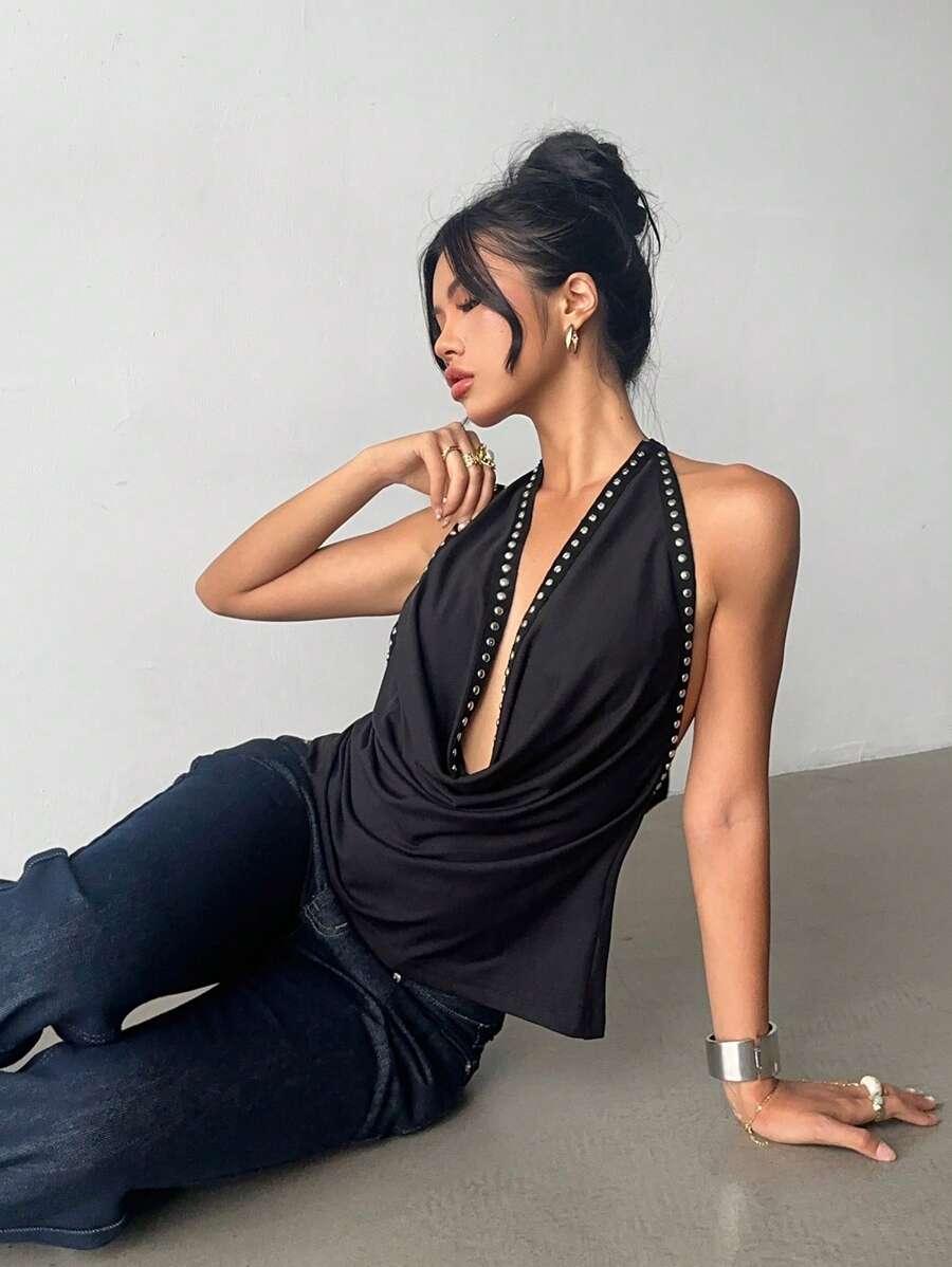 SHEIN CZARNY TOP ODKRYTE PLECY S06__L