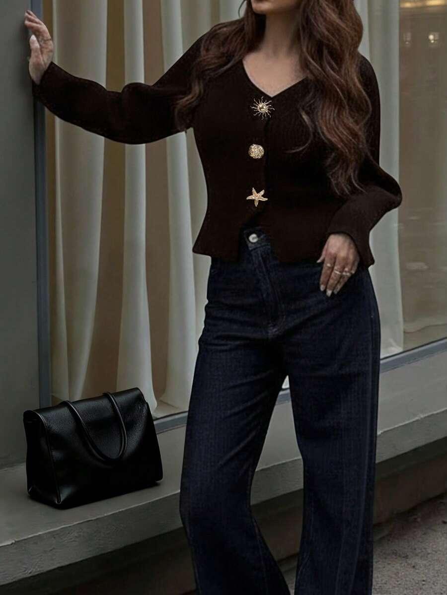 SHEIN BRĄZOWY SWETER ZDOBIENIA S06__M