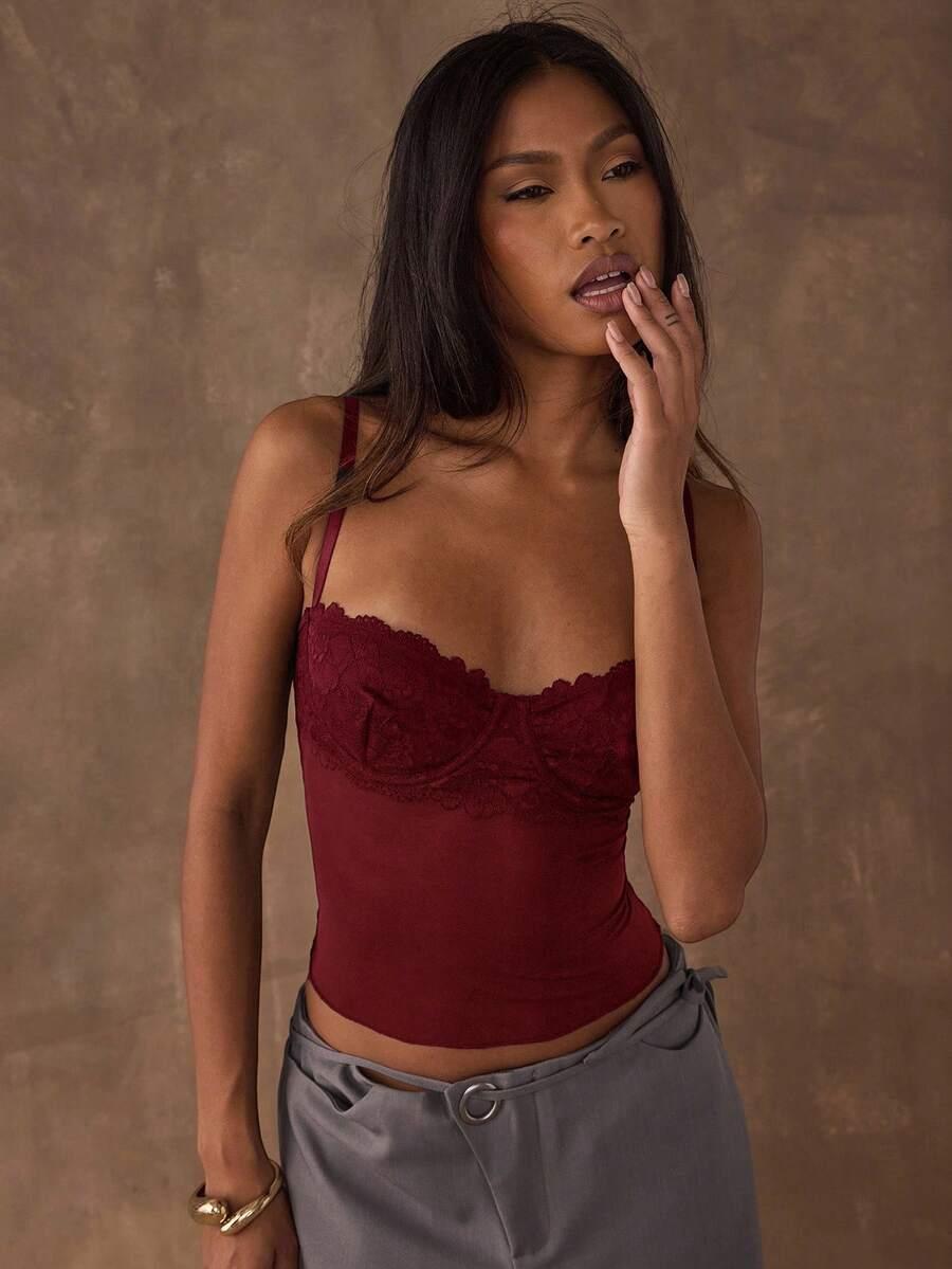 SHEIN BORDOWY TOP NA RAMIĄCZKA KORONKA S06__S