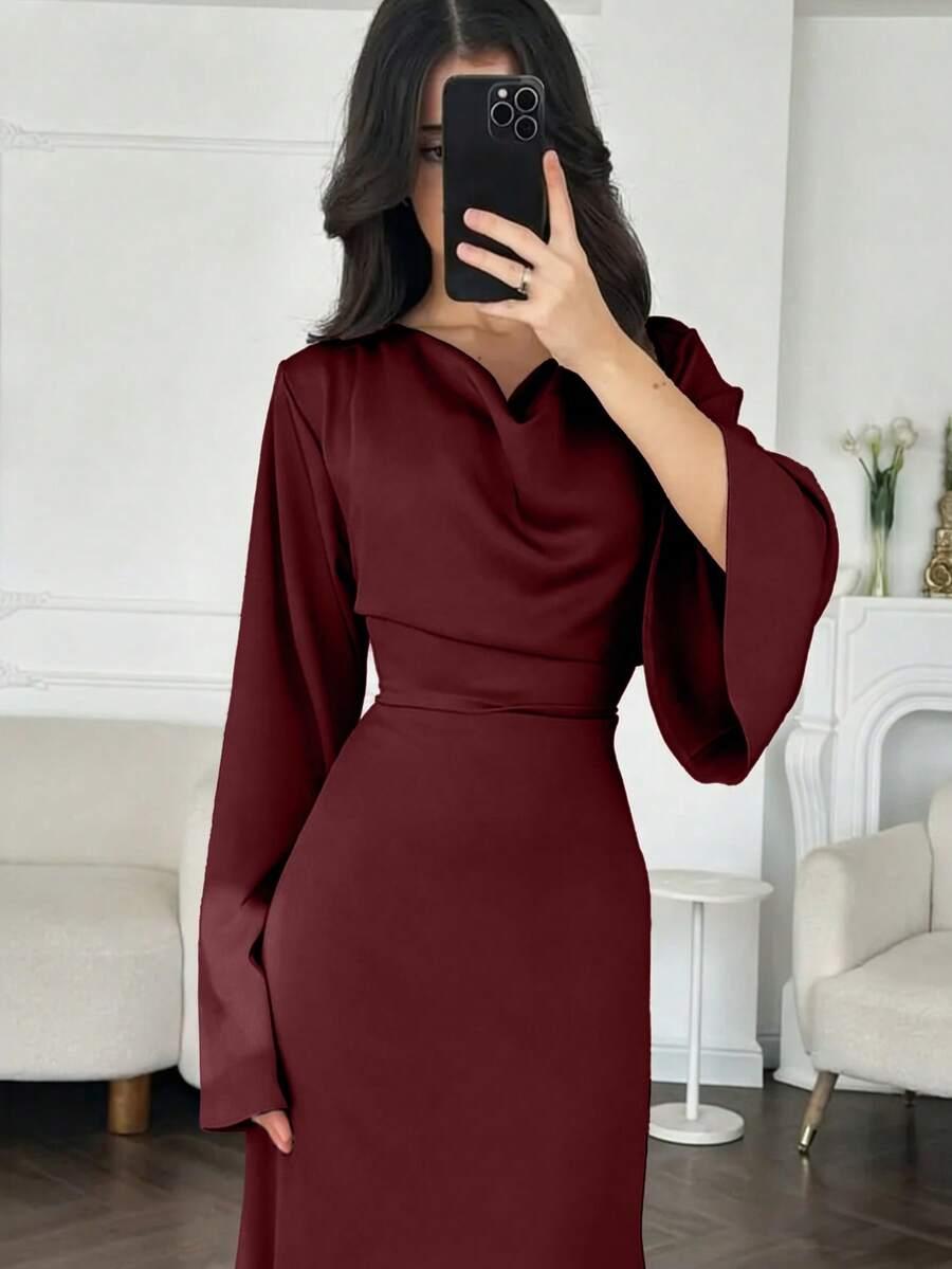 SHEIN BORDOWA MAXI SUKIENKA DŁUGI RĘKAW S06__M