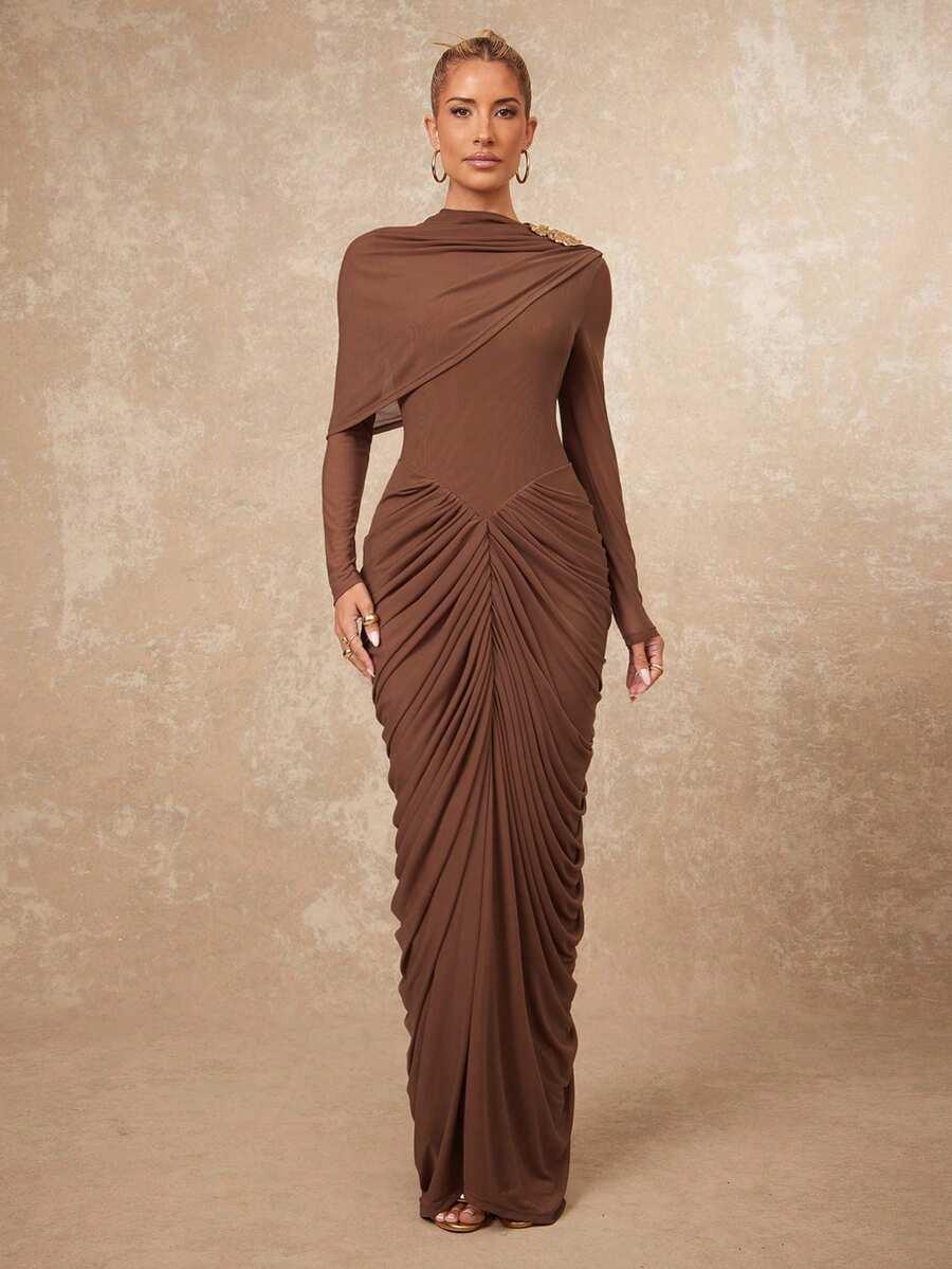 SHEIN BRĄZOWA MAXI SUKIENKA S06__S