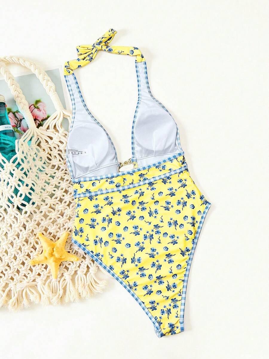 SWIM VCAY JEDNOCZĘŚCIOWY STRÓJ KĄPIELOWY WZÓR KWIATY WIĄZANIE PK01__XL