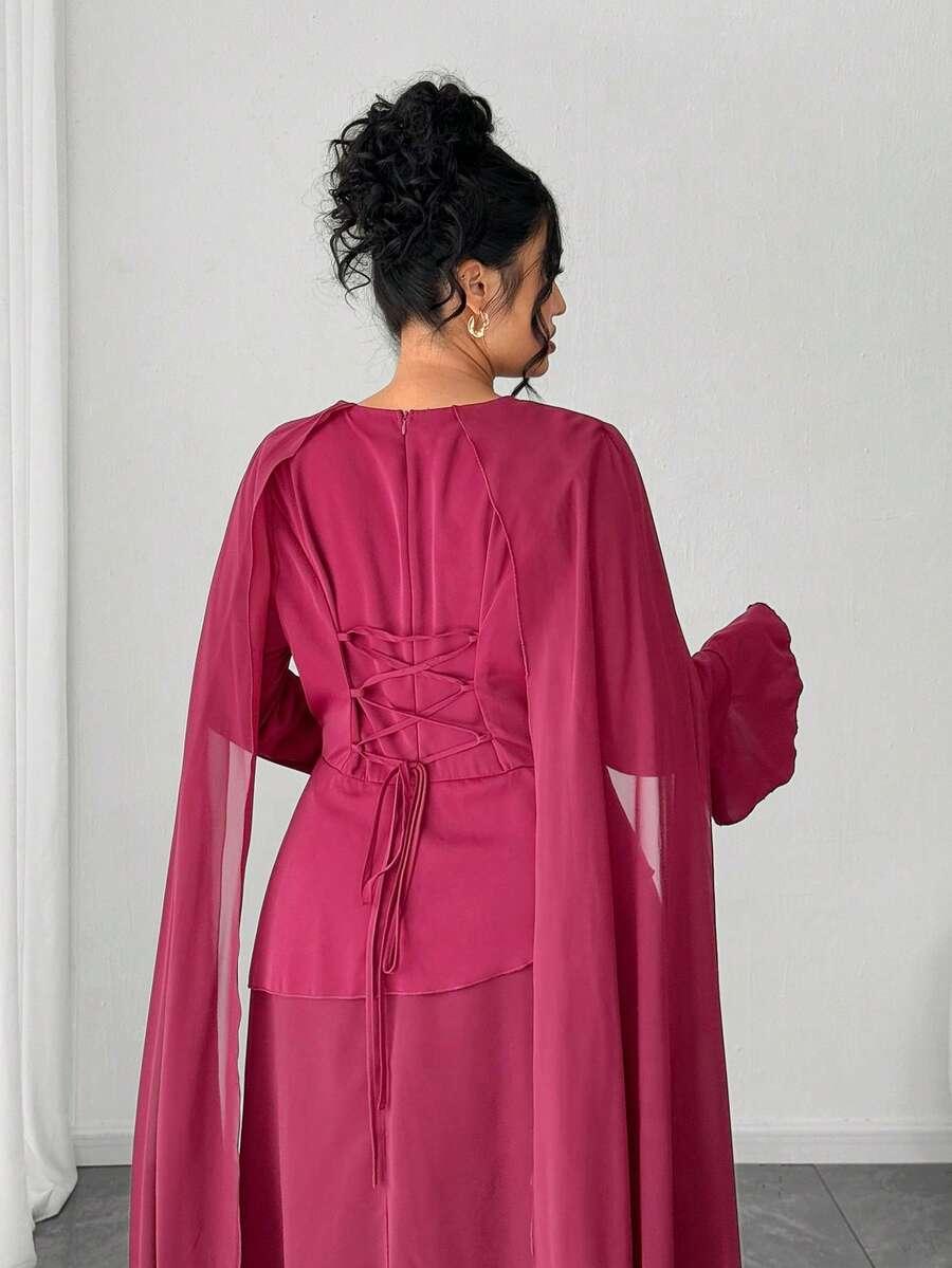 SHEIN BORDOWA MAXI SUKIENKA Z DŁUGIM RĘKAWEM ŁĄCZENIE PK01__52
