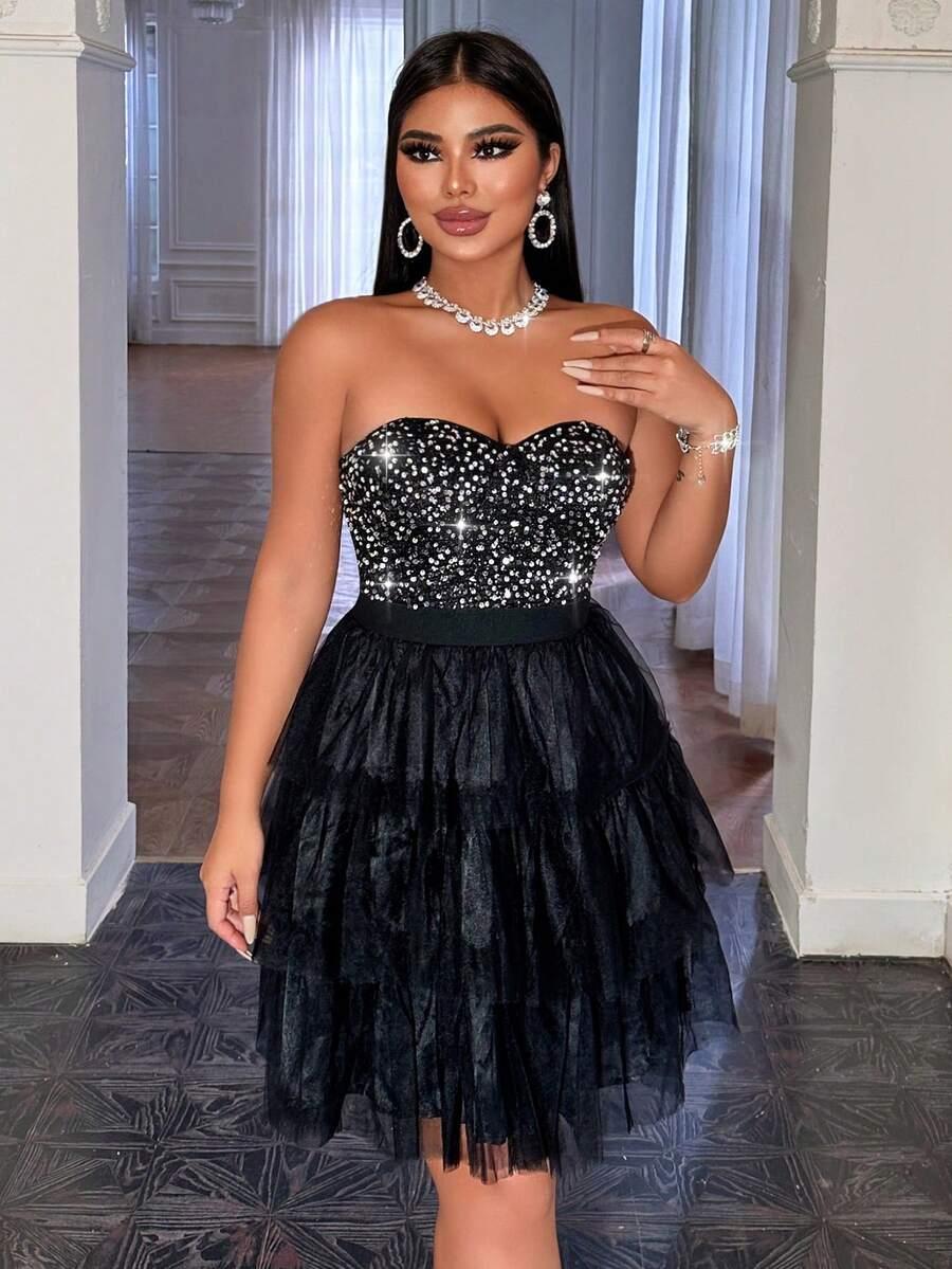 SHEIN CZARNA MINI SUKIENKA ZDOBIENIA S06__XS
