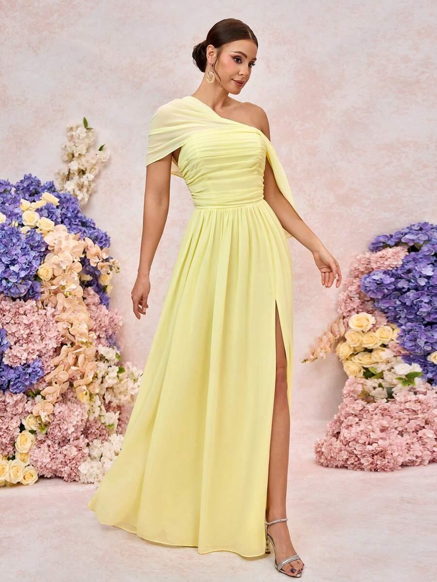 SHEIN ŻÓŁTA MAXI SUKIENKA NA JEDNO RAMIĘ S06__S