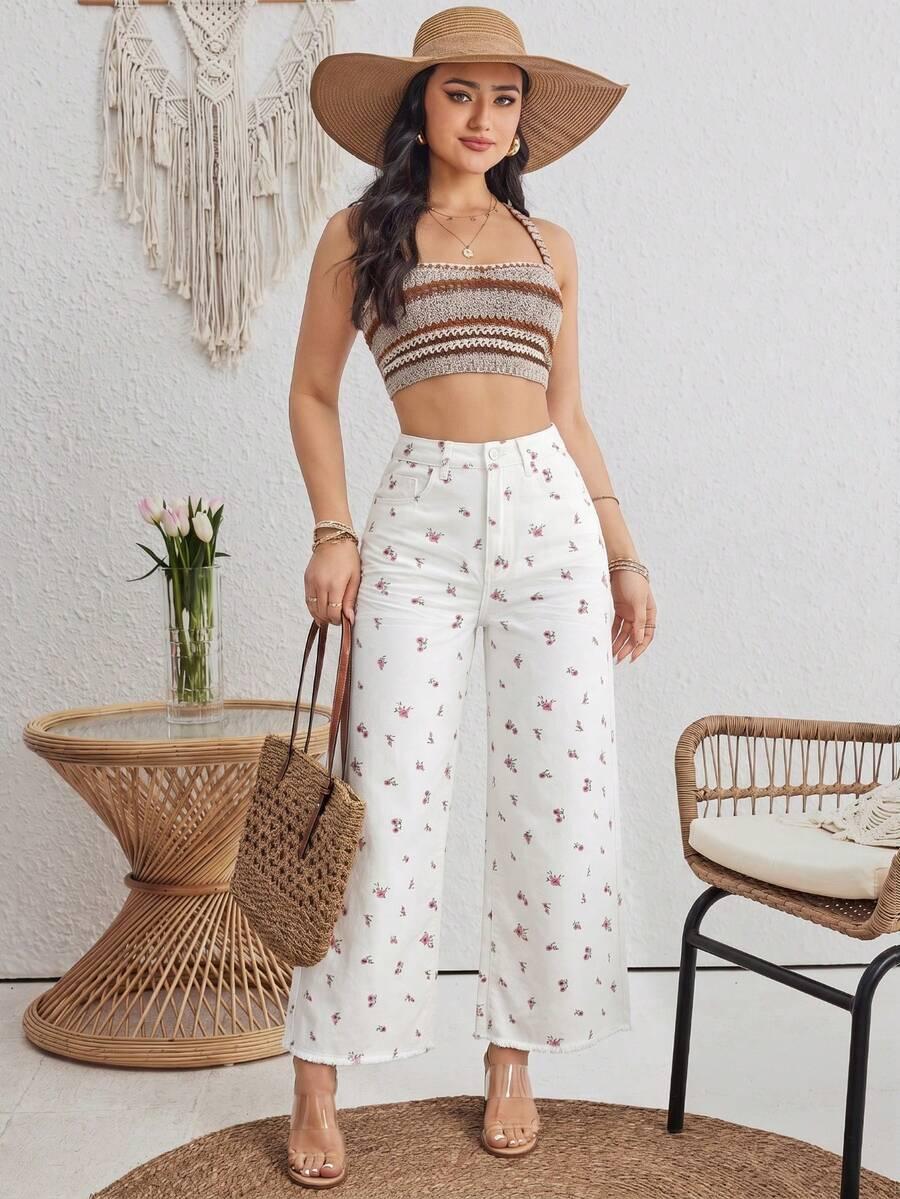 SHEIN BIAŁE SPODNIE JEANS KWIATY S06__W32/XL