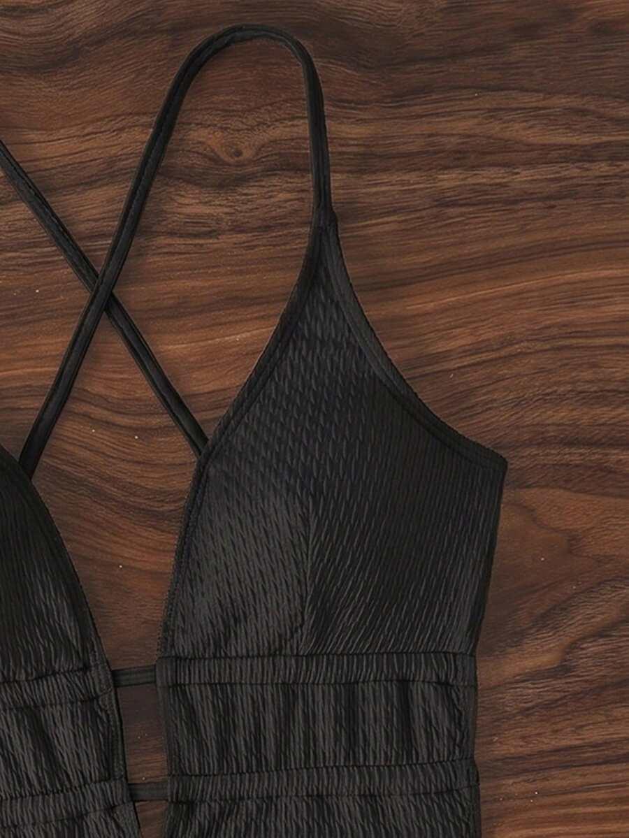 SHEIN CZARNY JEDNOCZĘŚCIOWY STRÓJ KĄPIELOWY TEKSTURA S09__S