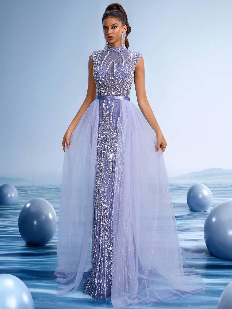 GIFORU NIEBIESKA SUKIENKA MAXI ZDOBIENIE S06__S