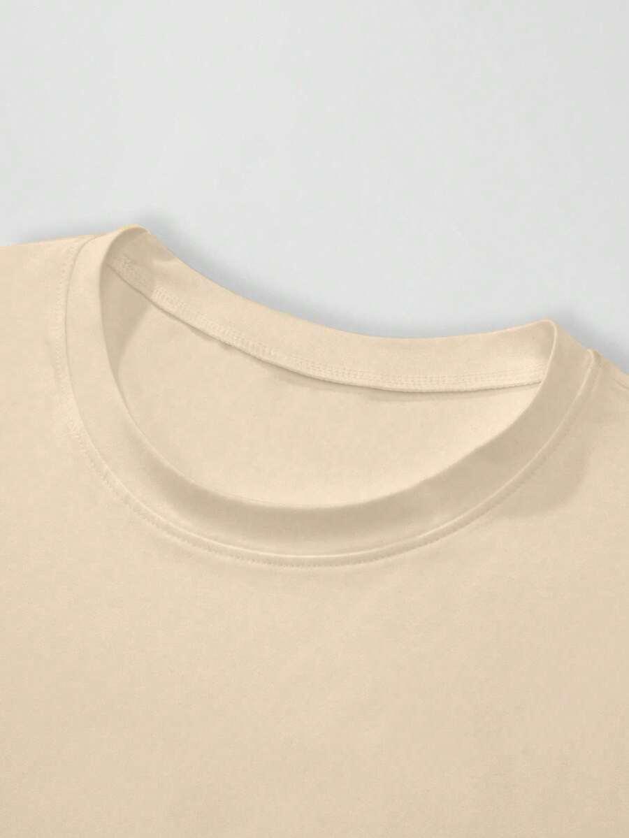 SHEIN BEŻOWY T-SHIRT Z NADRUKIEM OKRĄGŁY DEKOLT CAPRI PK01__L