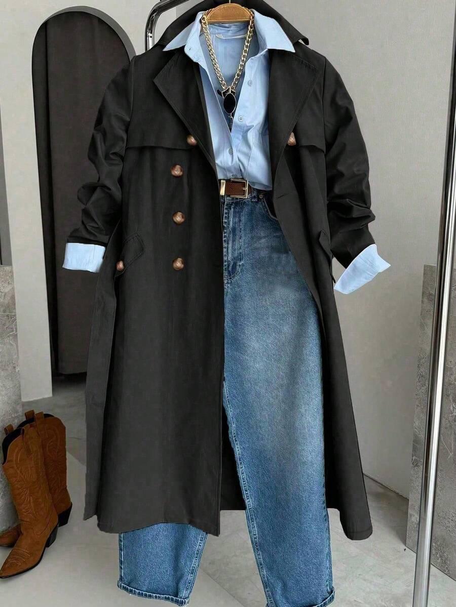 SHEIN CZARNY PŁASZCZ TRENCZ W01__M