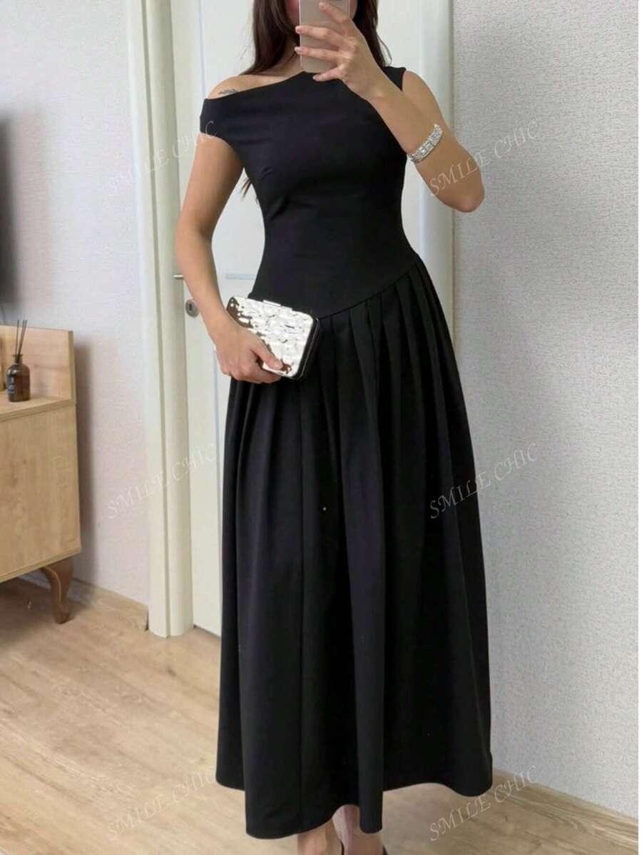 SHEIN CZARNA SUKIENKA ASYMETRYCZNY DEKOLT S06__L