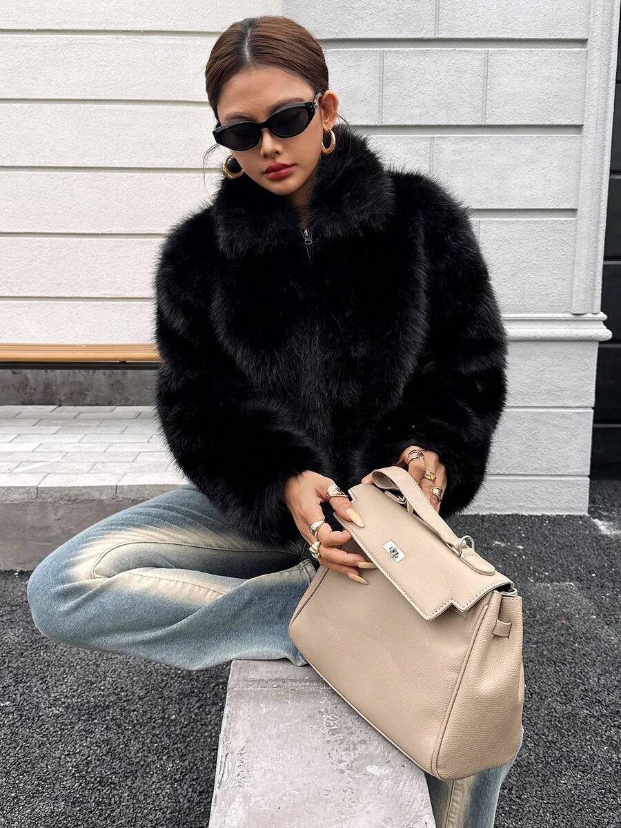 SHEIN CZARNE SZTUCZNE FUTRO W01__S
