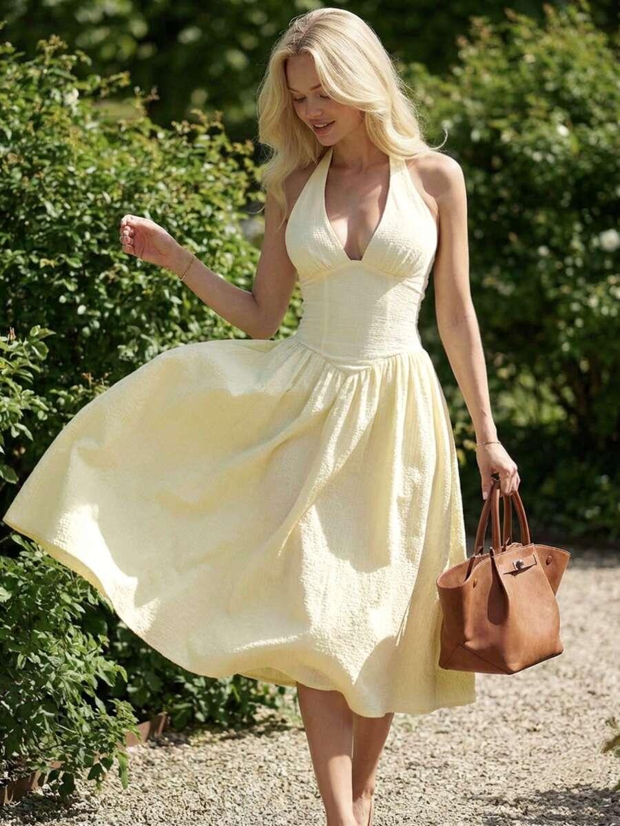SHEIN ŻÓŁTA SUKIENKA WIĄZANIE S06__XS