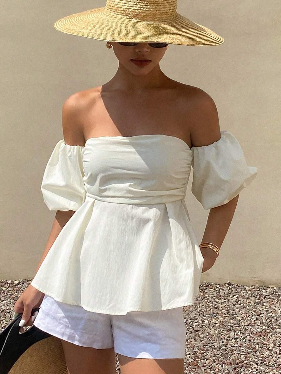 SHEIN KREMOWA BLUZKA ODKRYTE RAMIONA S09__M