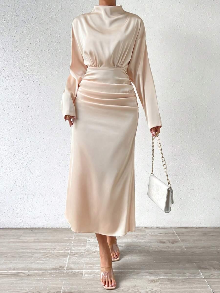 SHEIN BEŻOWA SATYNOWA MIDI SUKIENKA S06__L