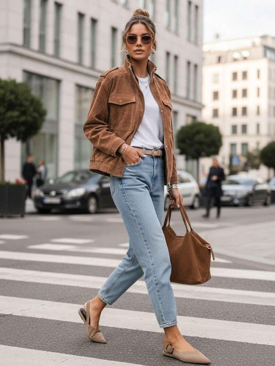 SHEIN BRĄZOWA KURTKA IMITACJA ZAMSZU S06__M