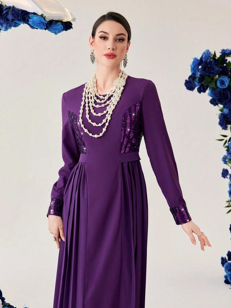 SHEIN FIOLETOWA SUKIENKA DŁUGI RĘKAW WSTAWKI CEKINY PLISY PK01__L