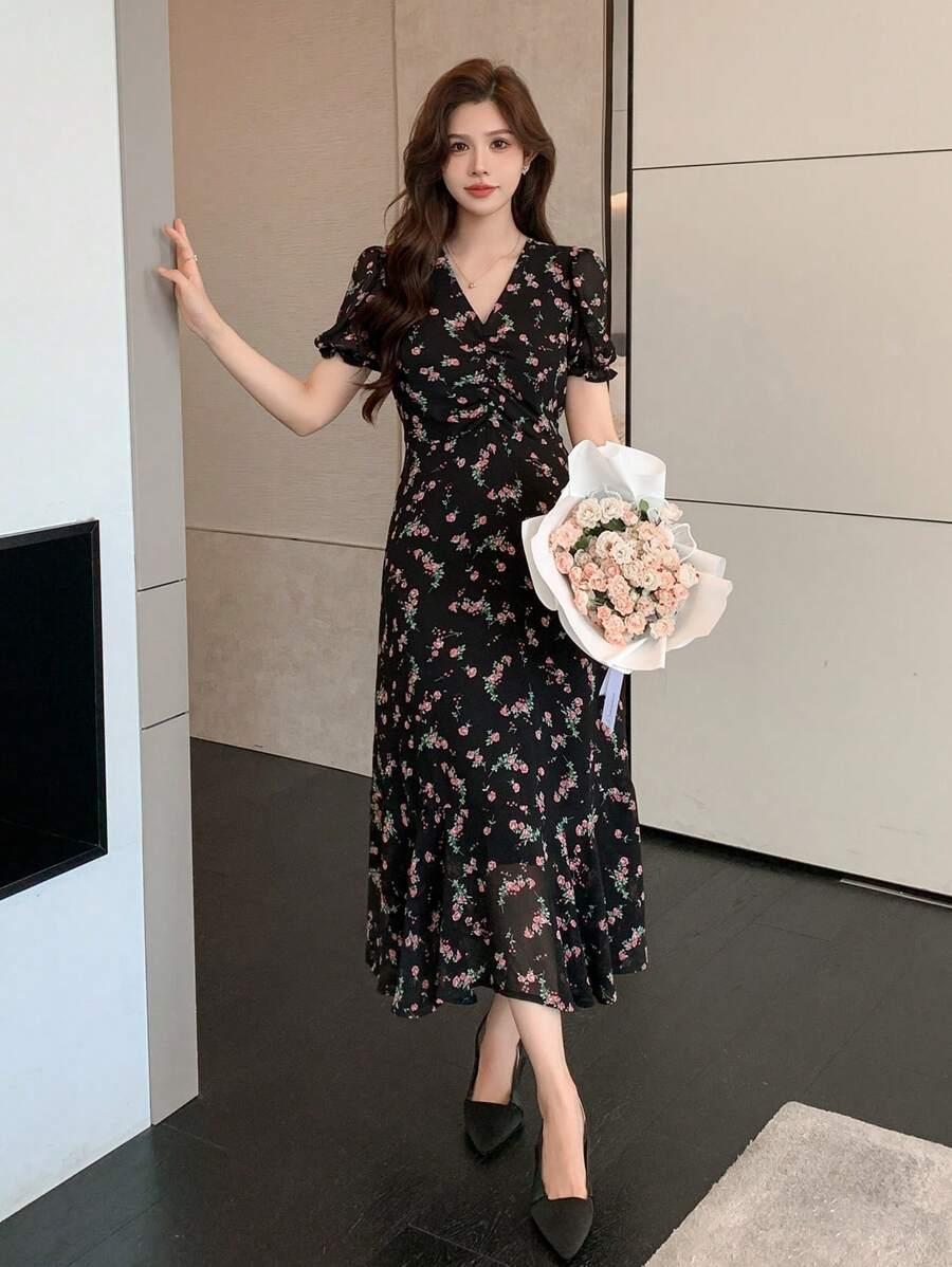 DAZY SUKIENKA WZÓR KWIATY V NECK S06__L