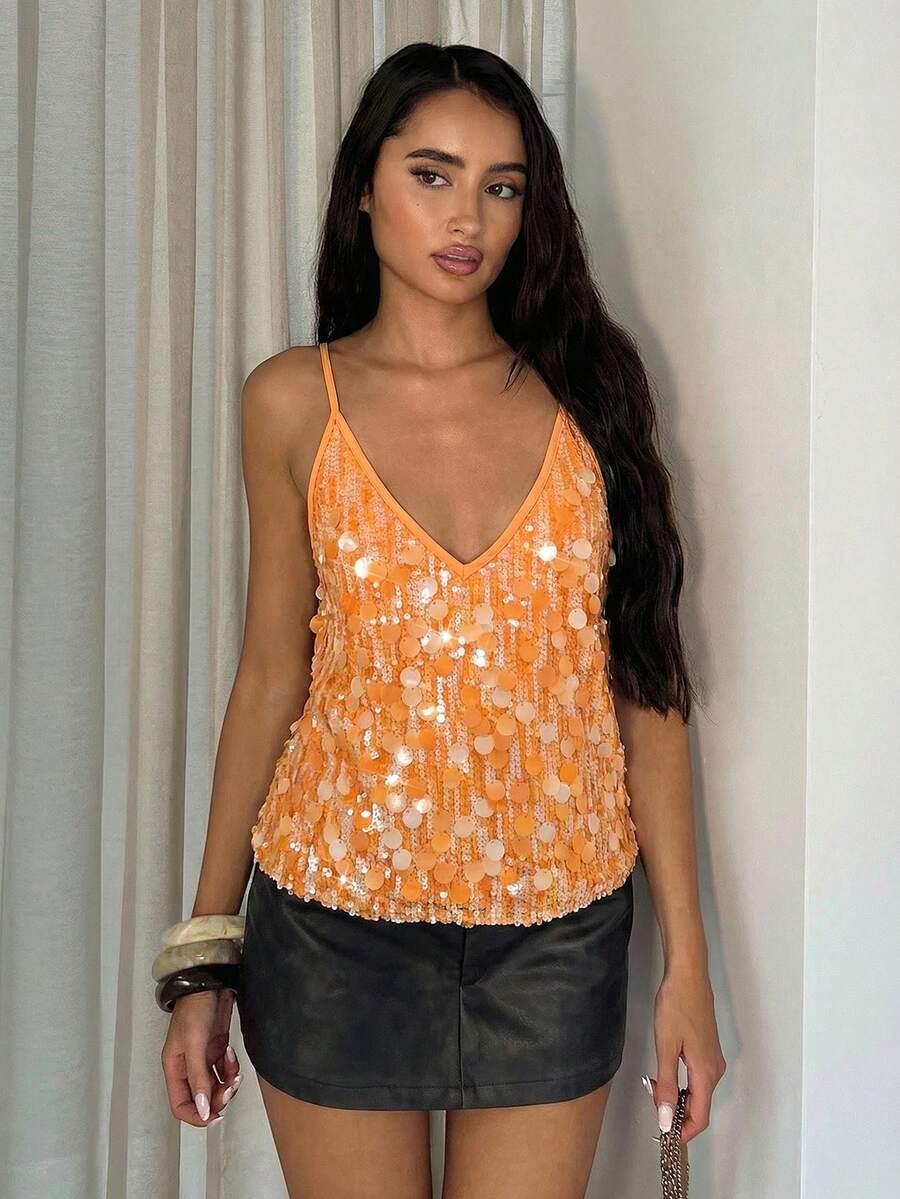SHEIN POMARAŃCZOWY TOP ZDOBIENIA S06__L