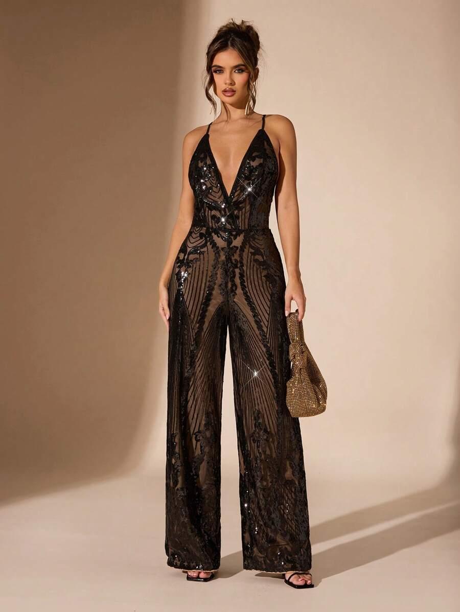 SHEIN CZARNY KOMBINEZON ZDOBIENIE S06__XS