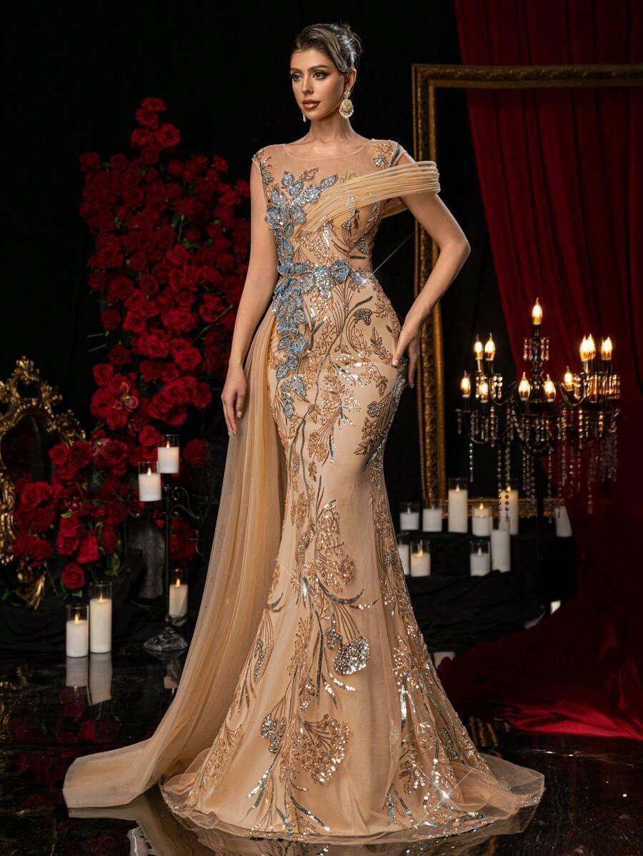 GLAMRAE BEŻOWA MAXI SUKIENKA ZDOBIENIA S09__XS