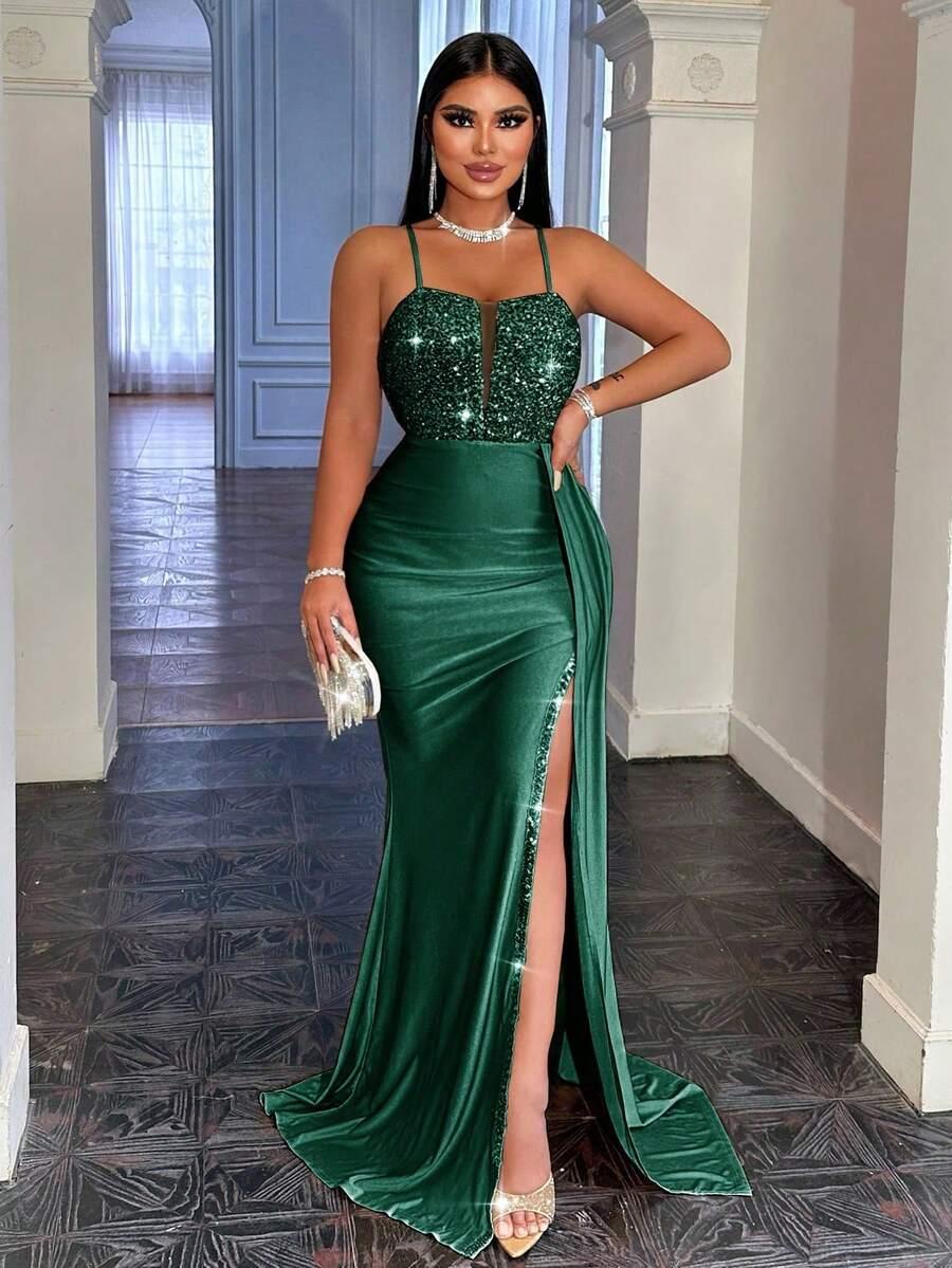 SHEIN ZIELONA MAXI SUKIENKA NA RAMIĄCZKACH ZDOBIENIE CEKINY S06__52