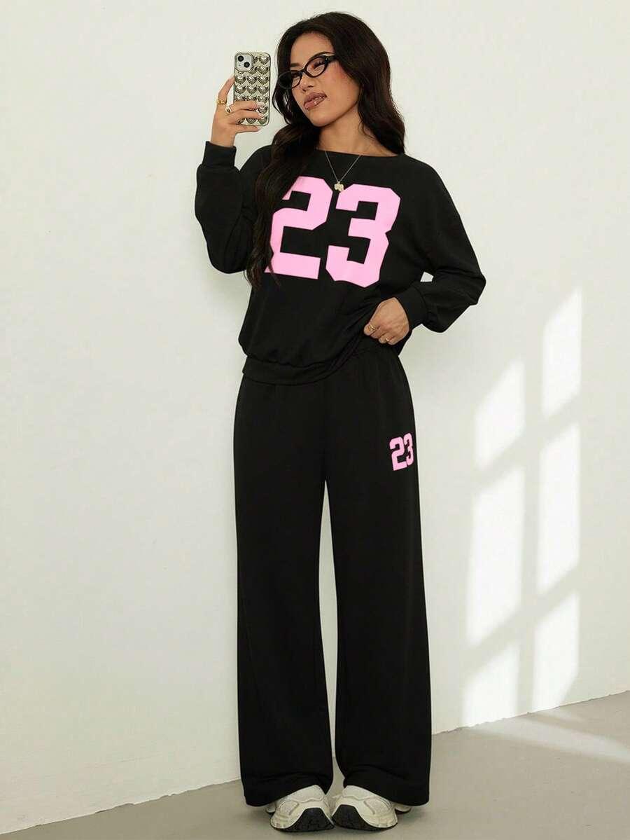 SHEIN CZARNE SPODNIE BLUZKA KOMPLET PRINT
