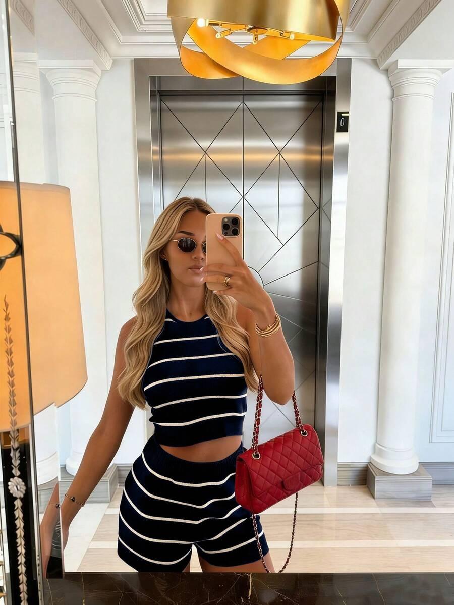 SHEIN DZIANINOWY BRĄZOWY KOMPLET W PASKI TOP KRÓTKIE SPODENKI PK01__S
