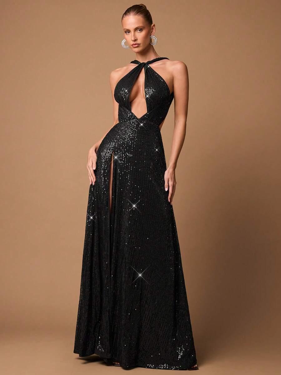 SHEIN CZARNA MAXI SUKIENKA CEKINY S06__XS