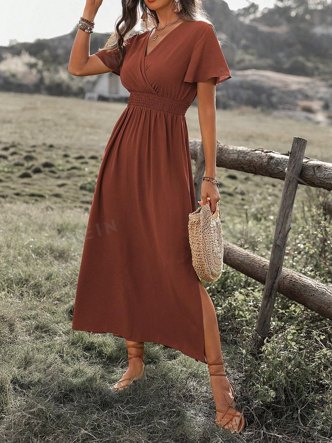 SHEIN BRĄZOWA SUKIENKA KRÓTKI RĘKAW S06__L