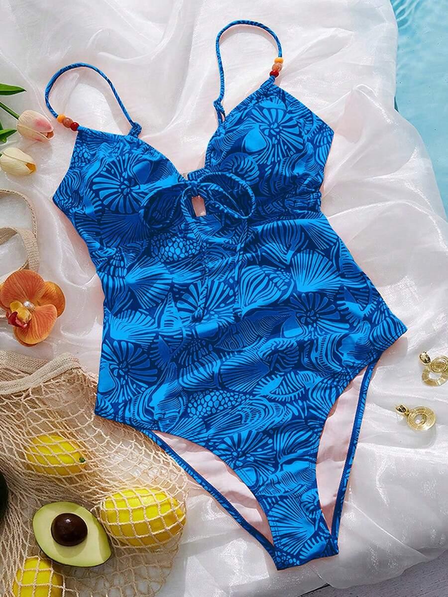 SHEIN JEDNOCZĘŚCIOWY STRÓJ KĄPIELOWY WIĄZANIE PRINT S09__L