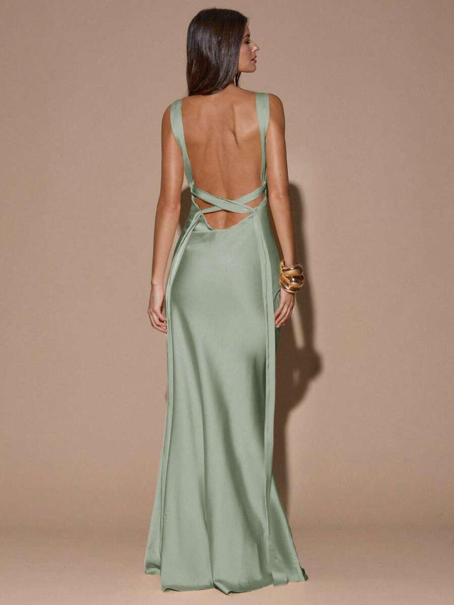 SHEIN SATYNOWA MAXI SUKIENKA ODKRYTE PLECY S06__L
