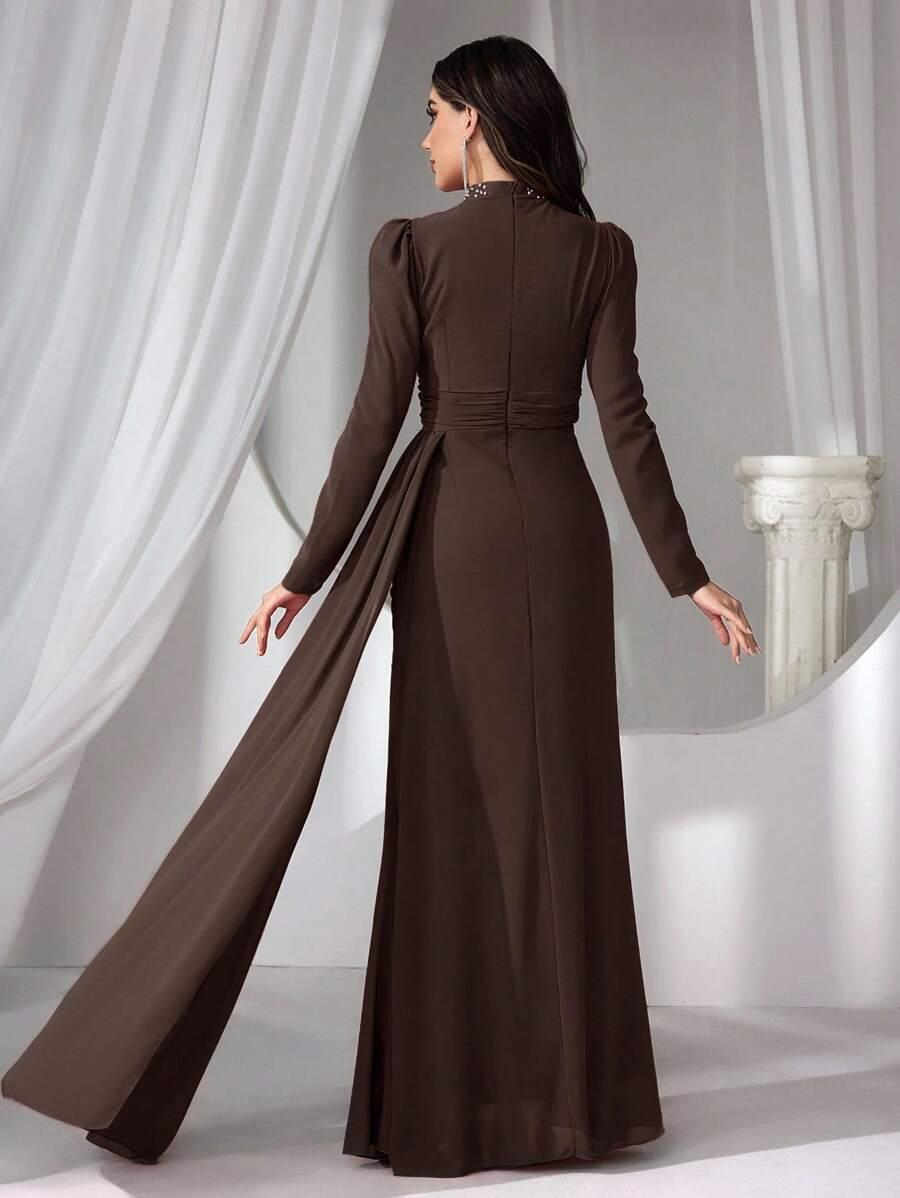 SHEIN BRĄZOWA MAXI SUKIENKA ZDOBIENIE S09__L