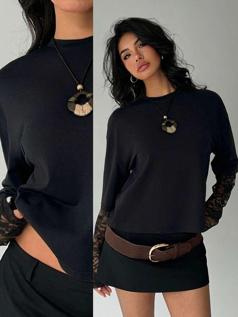 SHEIN CZARNA BLUZKA KORONKA S06__XL
