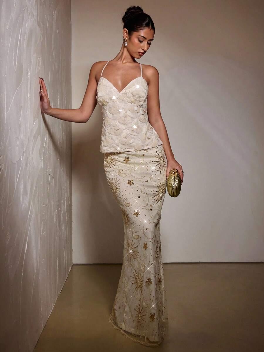 SHEIN MAXI SPÓDNICA ZDOBIENIE S06__M