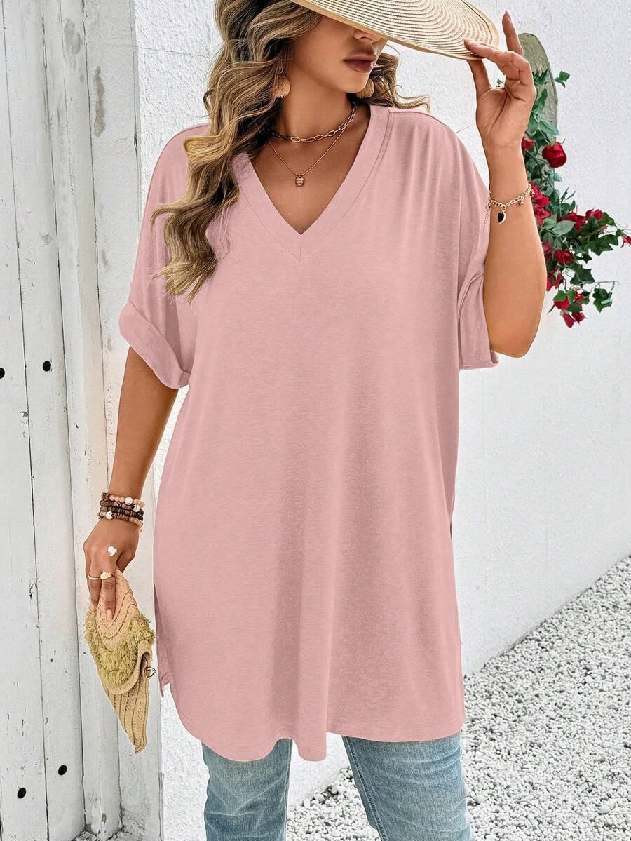 EMERY ROSE RÓŻOWY T-SHIRT V-NECK S06__46