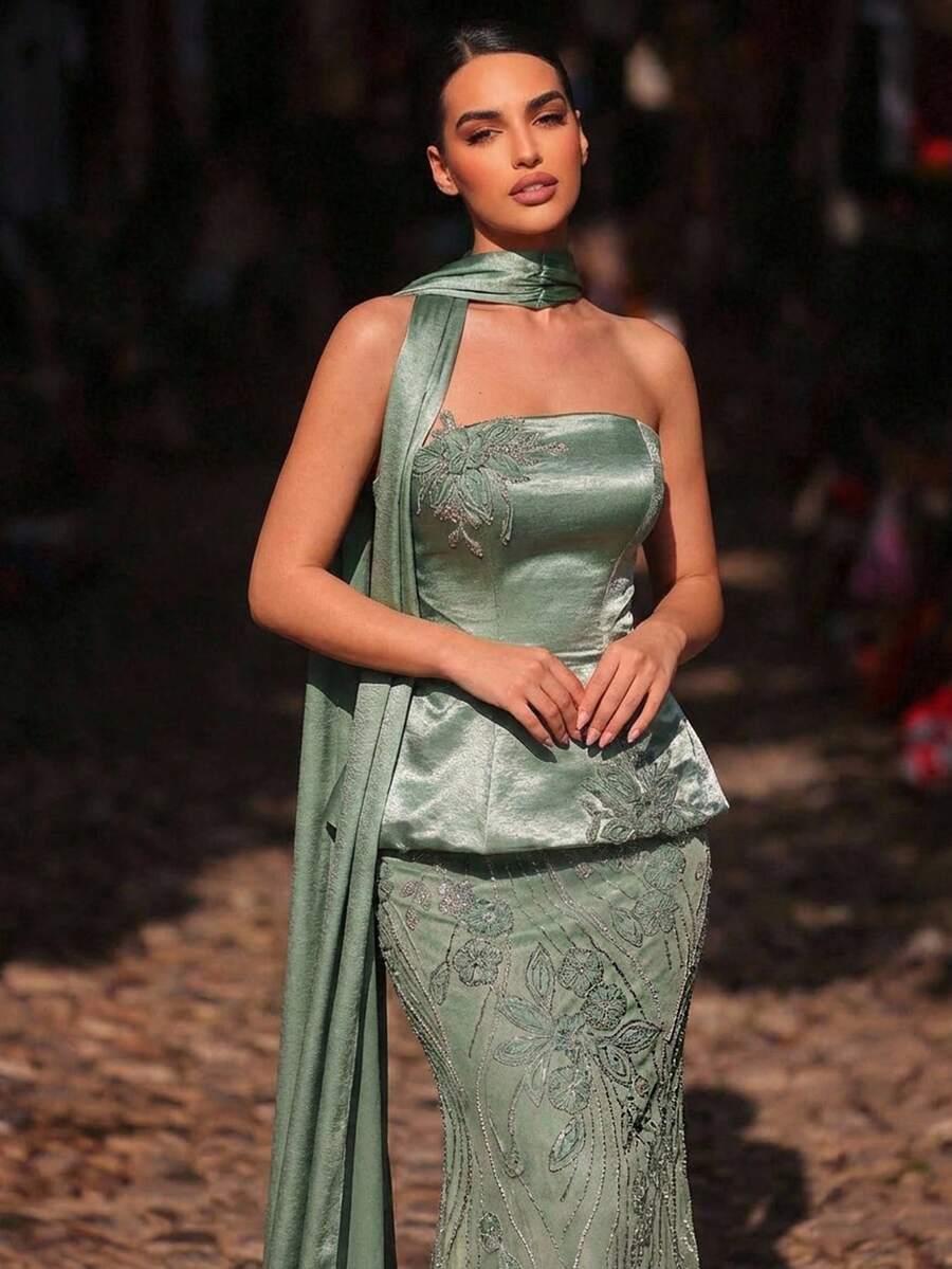 GLAMRAE ZIELONA GORSETOWA MAXI SUKIENKA ZDOBIENIA SZAL S06__M