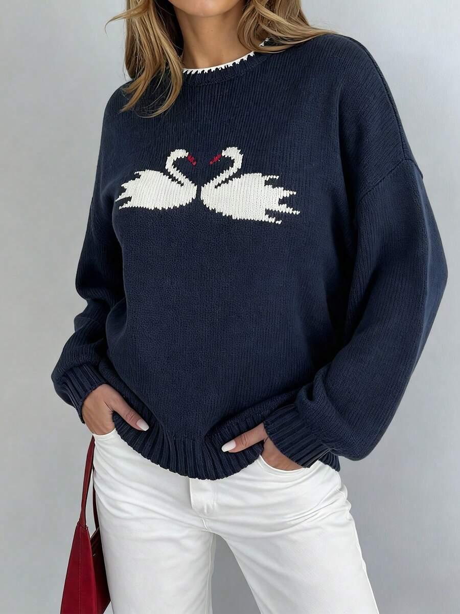 SHEIN GRANATOWY SWETER WZÓR ŁABĘDZIE S06__XL