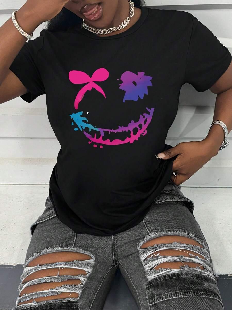 INAWLY CZARNY T-SHIRT OKRĄGŁY DEKOLT NADRUK PK01__XL